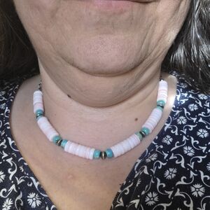 Handmade Pink Conch, Turquoise And Navajo Disc Pearl Beaded Choker Necklace